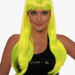 Lange Pony Pruik, Neon Geel